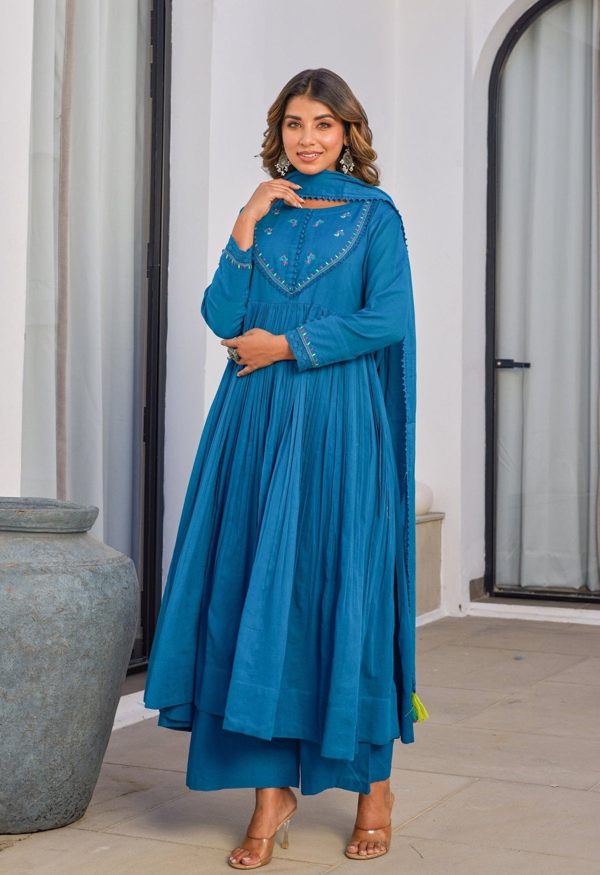 Teal Blue Cotton Mulmul Anarkali Kurta Set With Dupatta - Tara - C - Tara