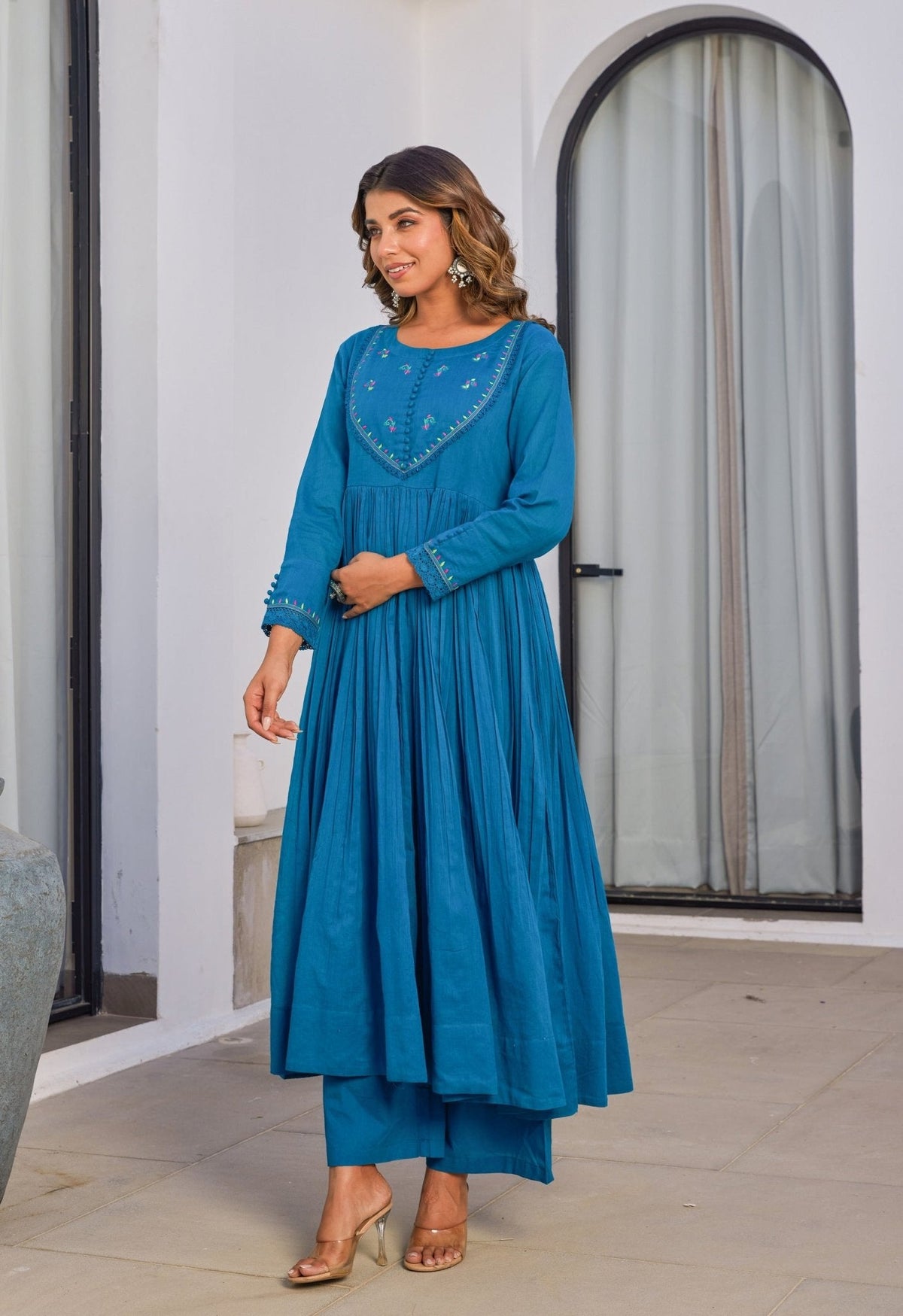 Teal Blue Cotton Mulmul Anarkali Kurta Set With Dupatta - Tara - C - Tara