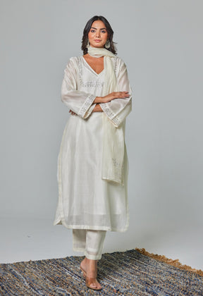 Timeless Allure: Off - White Chanderi Coord Set with Silver Embroidery - Tara - C - Tara