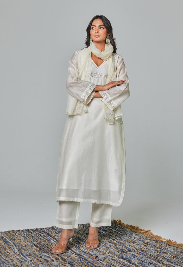 Timeless Allure: Off - White Chanderi Coord Set with Silver Embroidery - Tara - C - Tara