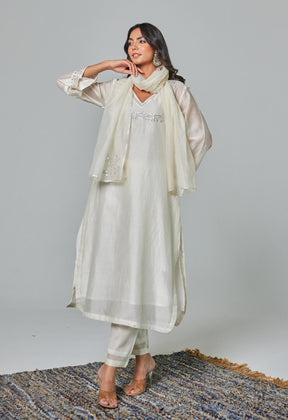 Timeless Allure: Off - White Chanderi Coord Set with Silver Embroidery - Tara - C - Tara