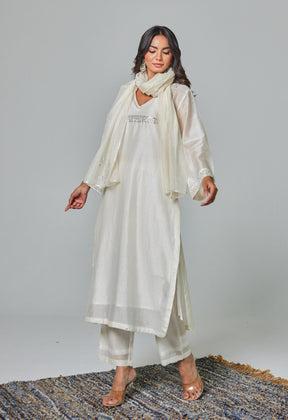 Timeless Allure: Off - White Chanderi Coord Set with Silver Embroidery - Tara - C - Tara