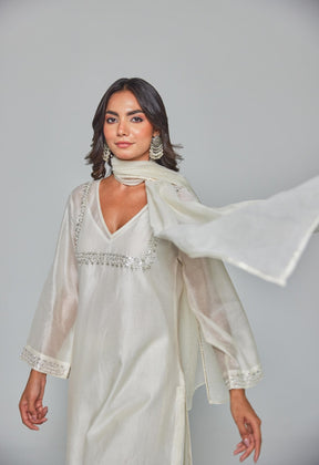 Timeless Allure: Off - White Chanderi Coord Set with Silver Embroidery - Tara - C - Tara