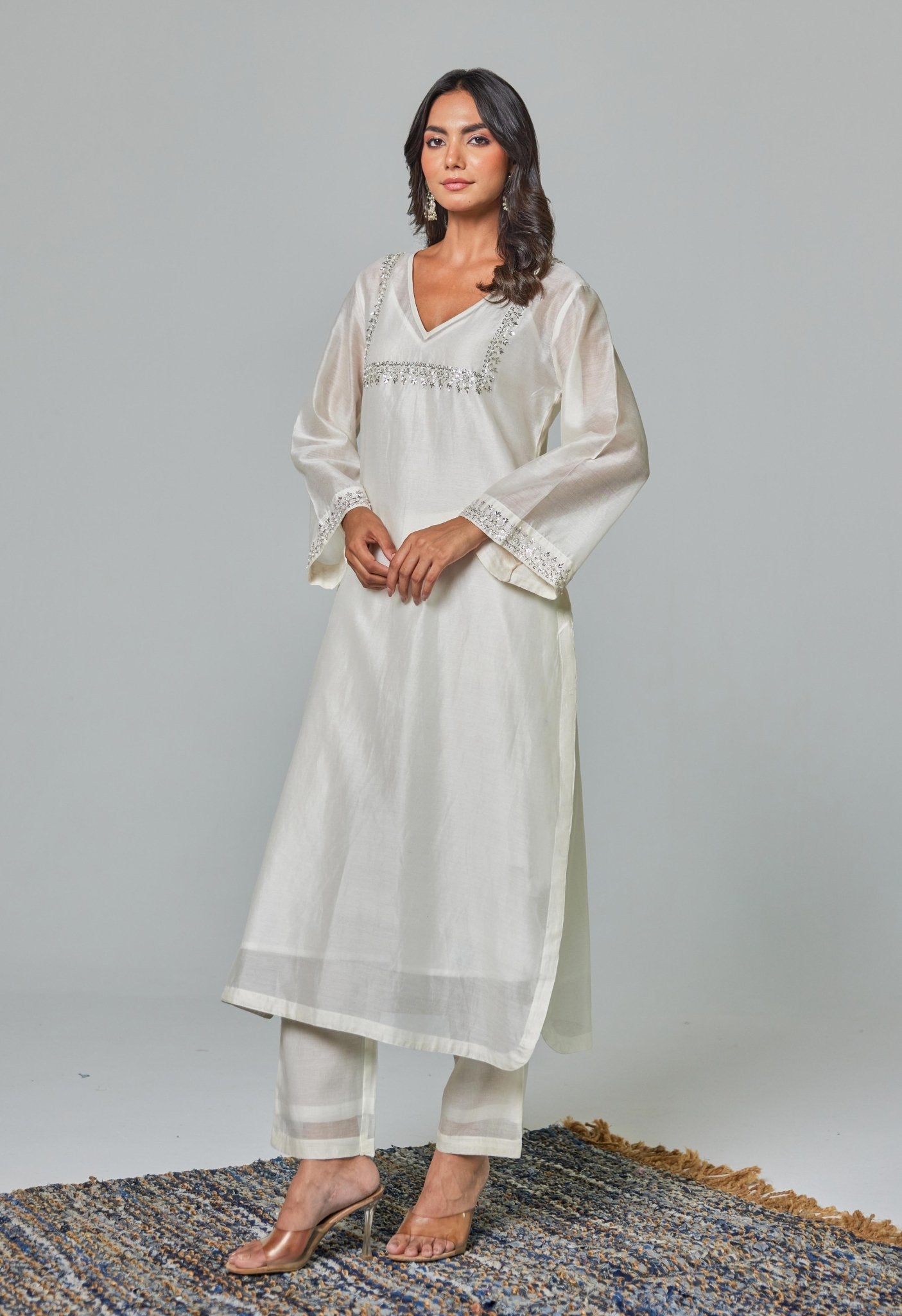 Timeless Allure: Off - White Chanderi Coord Set with Silver Embroidery - Tara - C - Tara