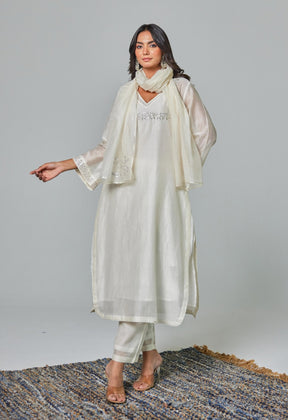 Timeless Allure: Off - White Chanderi Coord Set with Silver Embroidery - Tara - C - Tara