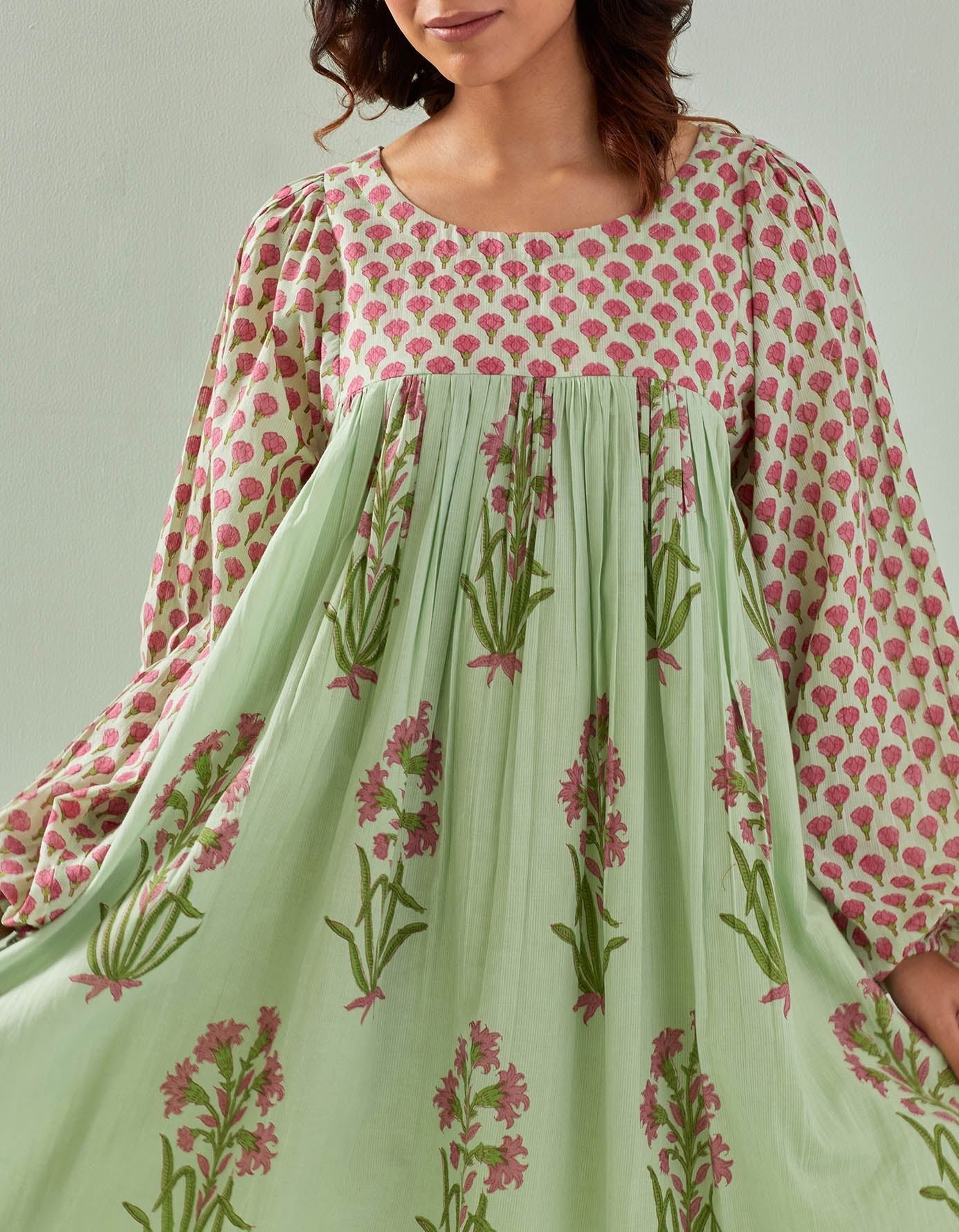 Timeless Charm: Elegant Green Hand - Block Printed Tunic - Tara - C - Tara