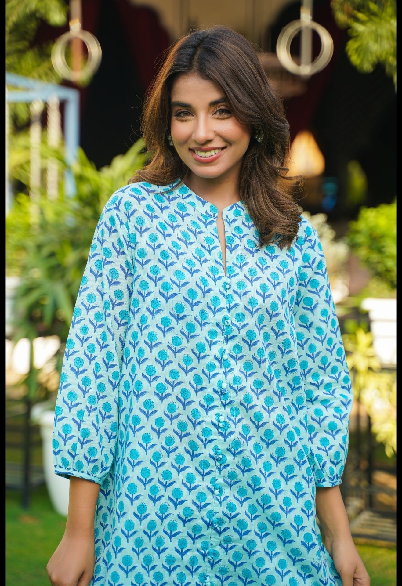 TURQUOISE FLORAL BOOTI HAND BLOCK PRINTED CO-ORD SET (2PC) - Tara-C-Tara