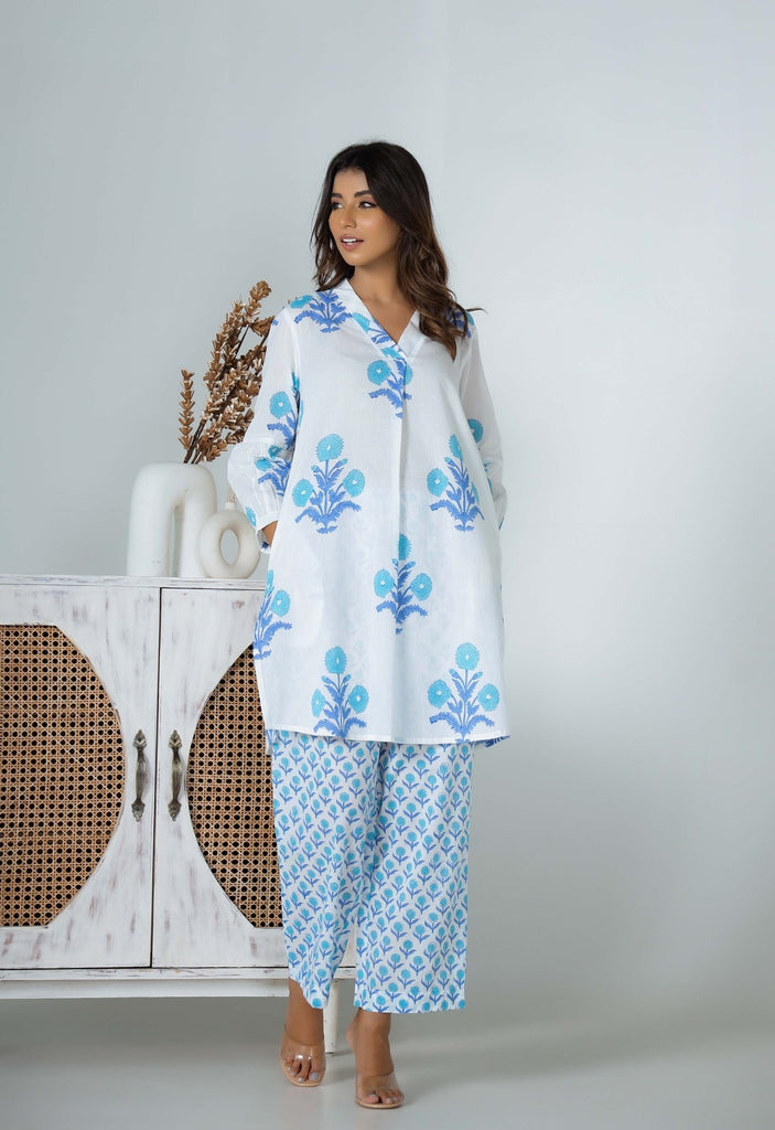 Turquoise Hand Block Printed Floral Co-ord Set (2pc) - Tara-C-Tara