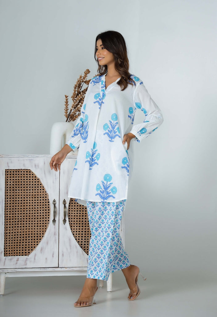 Turquoise Hand Block Printed Floral Co-ord Set (2pc) - Tara-C-Tara