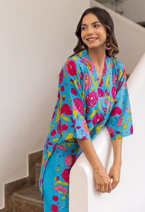 Turquoise Hand Embroidered Peppy Floral Co-ord set - Tara-C-Tara