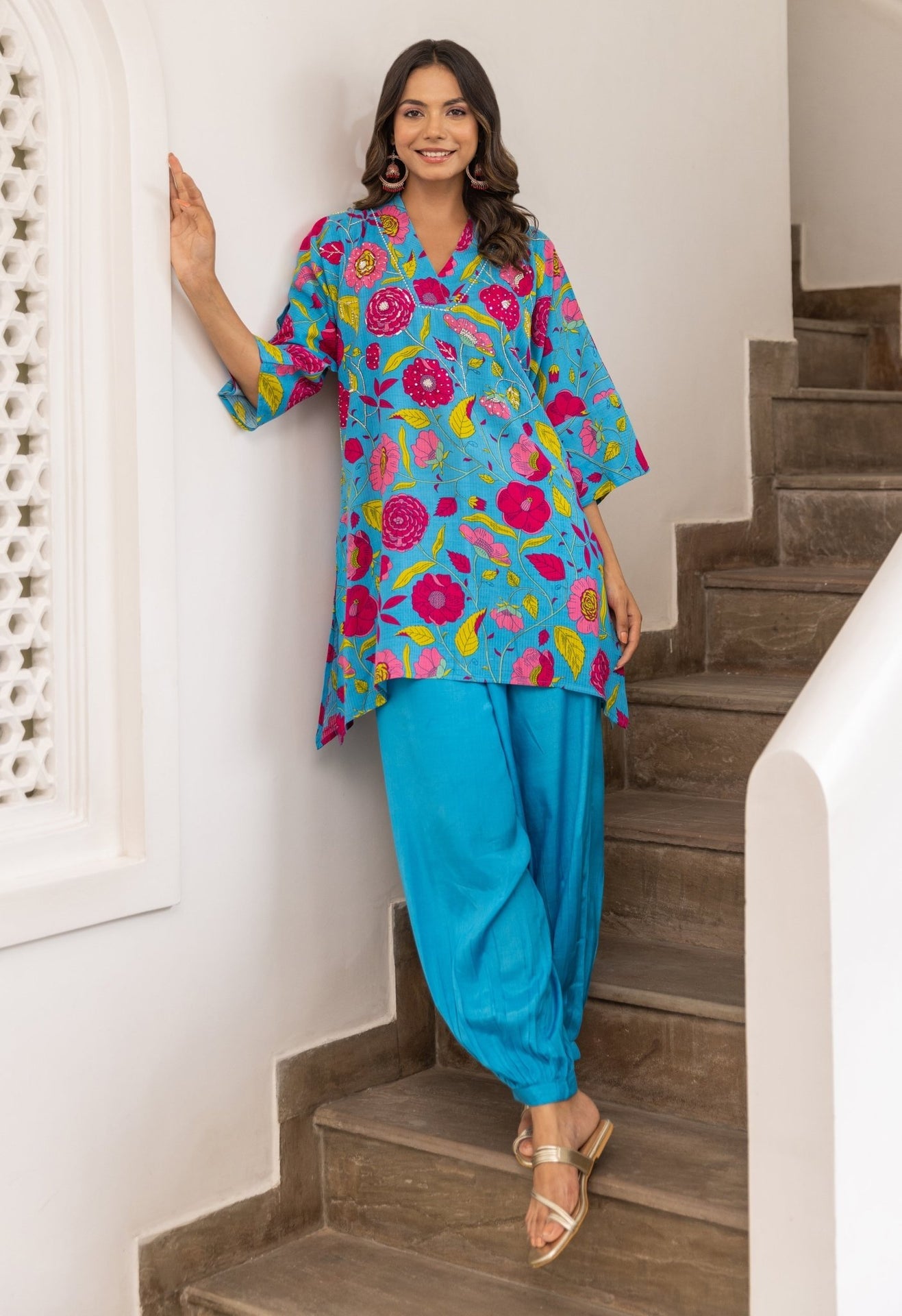 Turquoise Hand Embroidered Peppy Floral Co-ord set - Tara-C-Tara