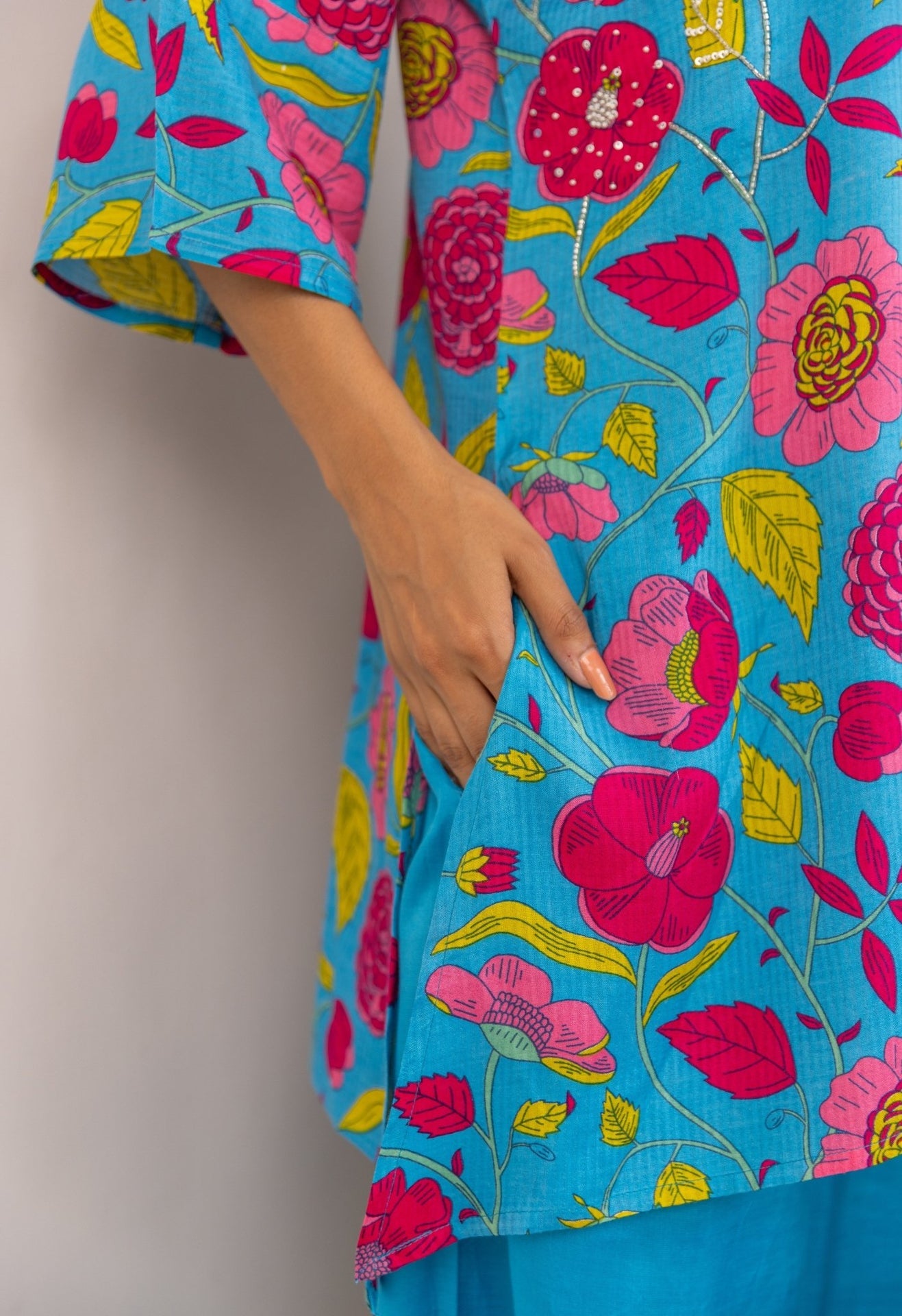 Turquoise Hand Embroidered Peppy Floral Co-ord set - Tara-C-Tara