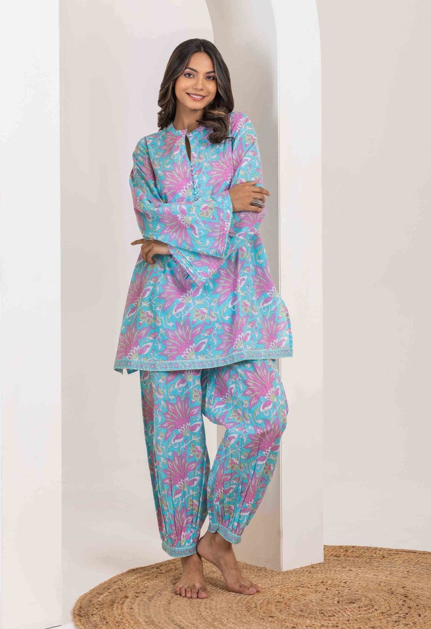 Turquoise Pink Floral Co-ord Set - Tara-C-Tara