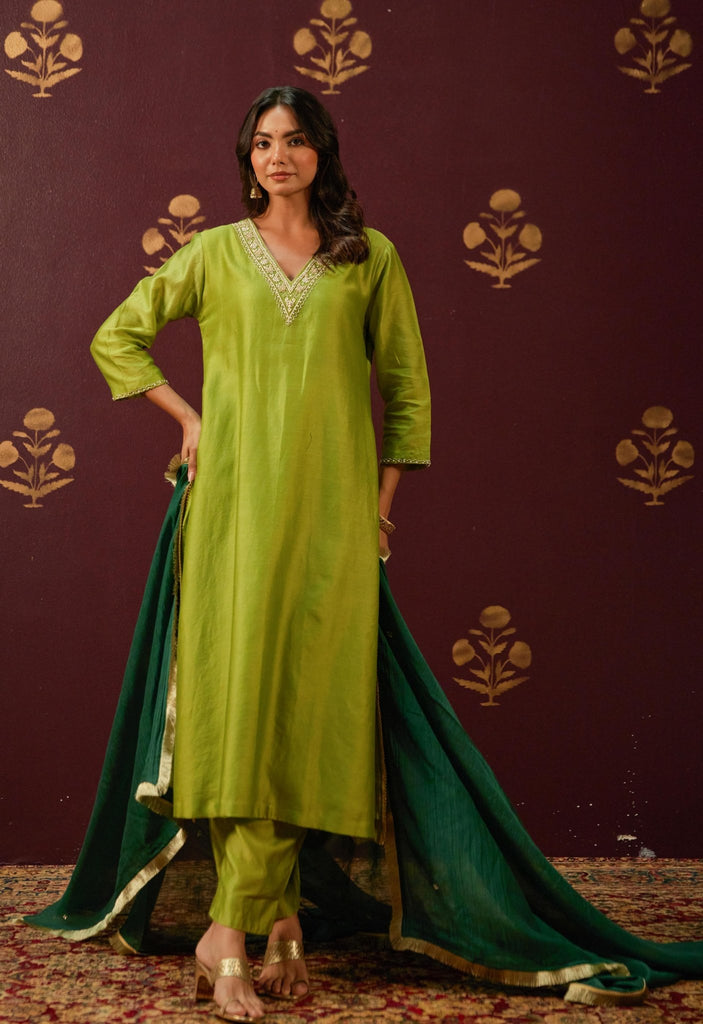 Verdant Elegance: Hand - Embroidered Chanderi Suit Set with Lace - Trimmed Contrast Dupatta - Tara - C - Tara