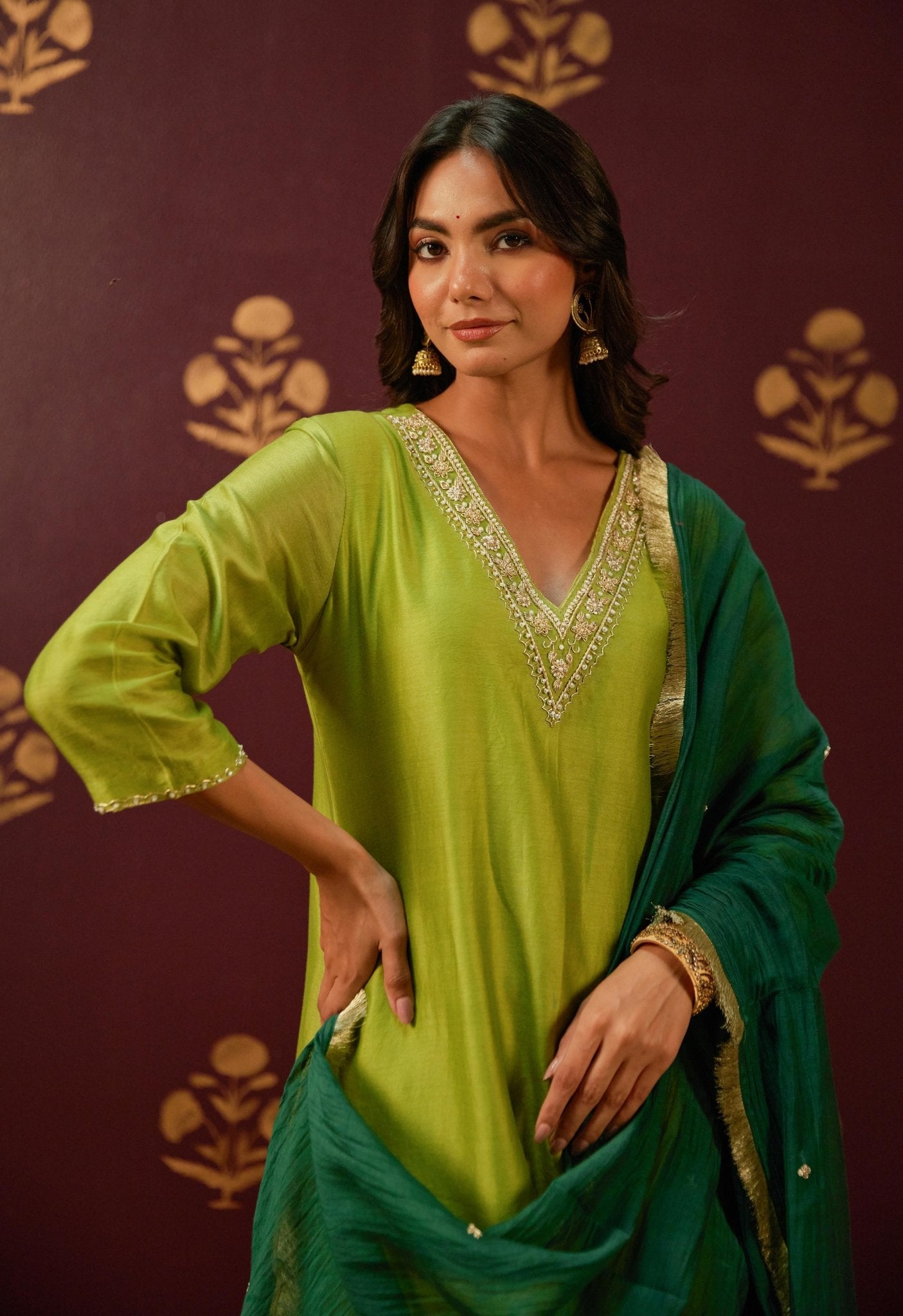 Verdant Elegance: Hand - Embroidered Chanderi Suit Set with Lace - Trimmed Contrast Dupatta - Tara - C - Tara