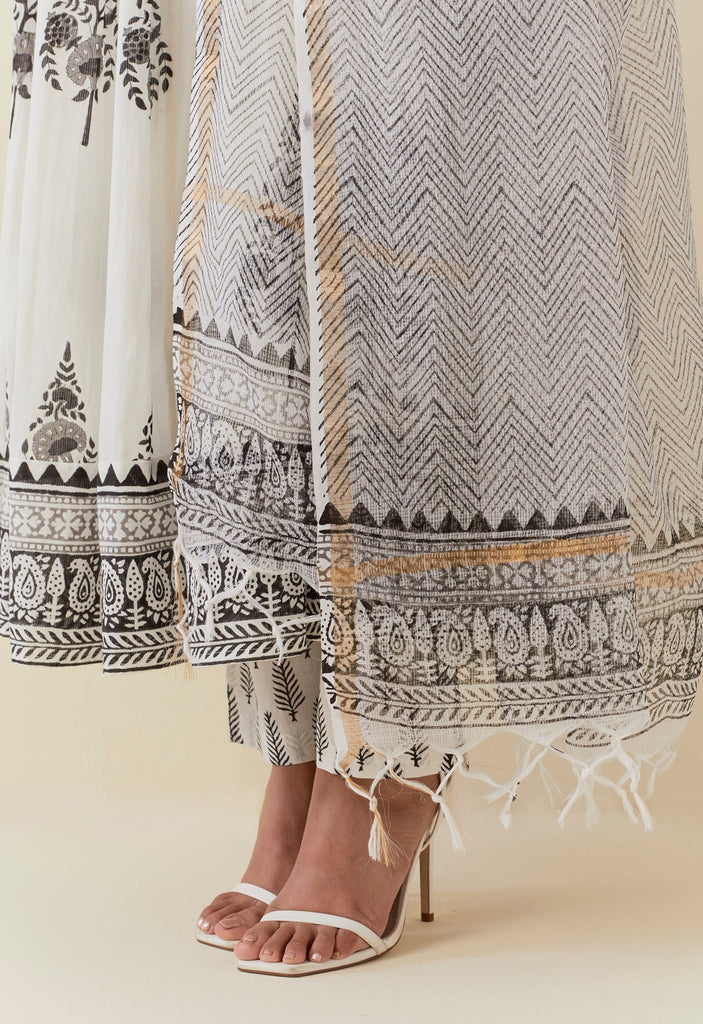 WHITE AND BLACK HAND BLOCK PRINTED ANARKALI WITH DORIYA DUPATTA AND BOTTOMS - Tara - C - Tara