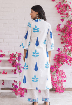 WHITE AND BLUE HAND BLOCK PRINTED KURTA WITH BOTTOMS - Tara - C - Tara