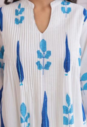 WHITE AND BLUE HAND BLOCK PRINTED KURTA WITH BOTTOMS - Tara - C - Tara