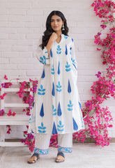 WHITE AND BLUE HAND BLOCK PRINTED KURTA WITH BOTTOMS - Tara - C - Tara