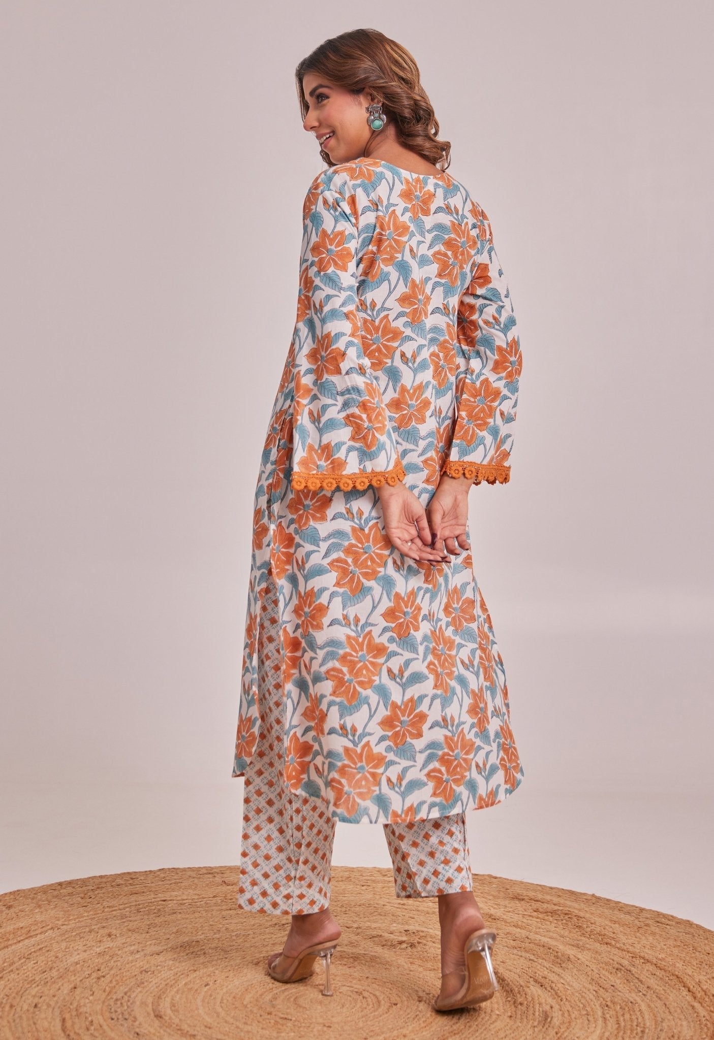 White And Orange Floral hand Block Printed Coord Set - Tara - C - Tara