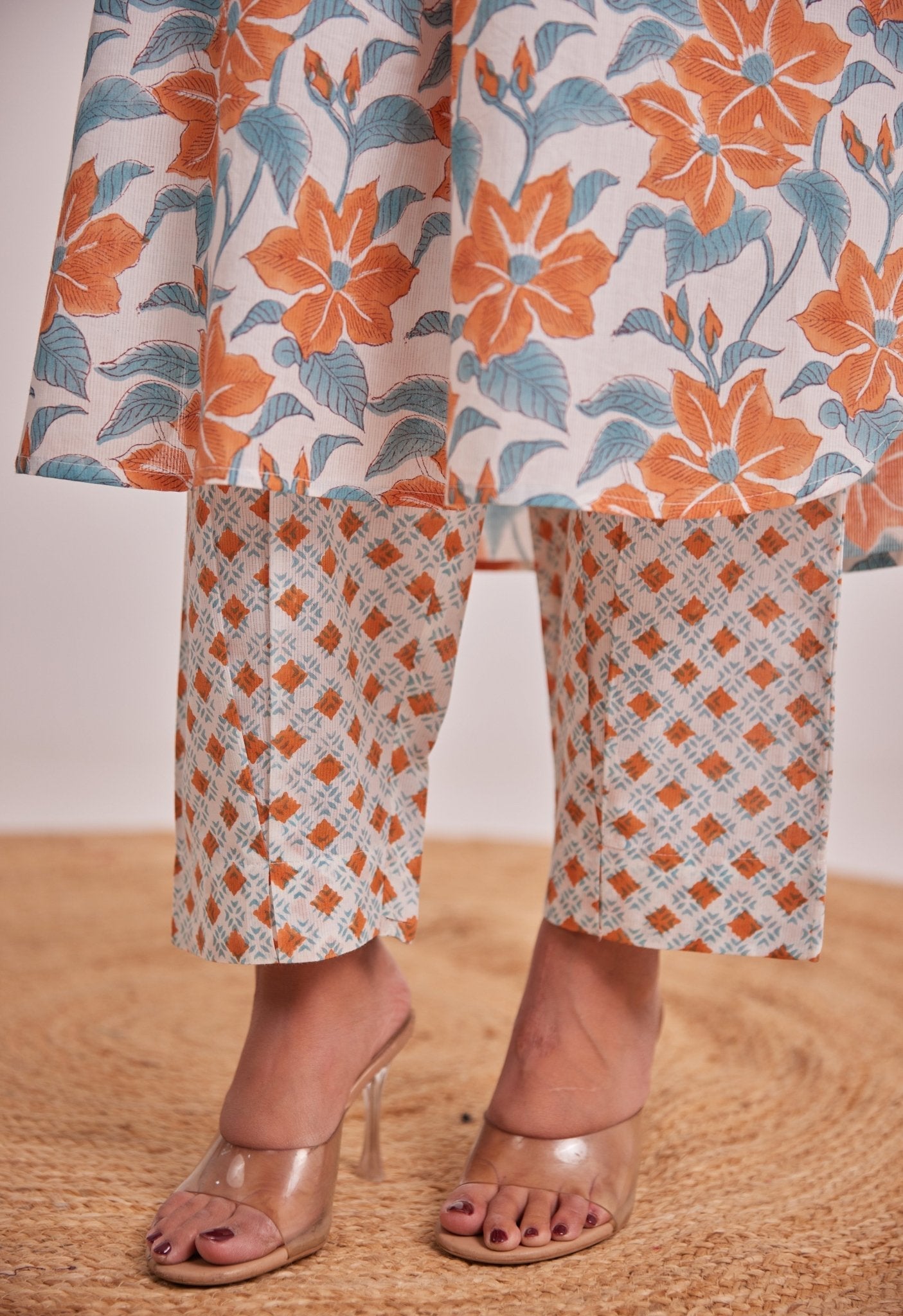 White And Orange Floral hand Block Printed Coord Set - Tara - C - Tara