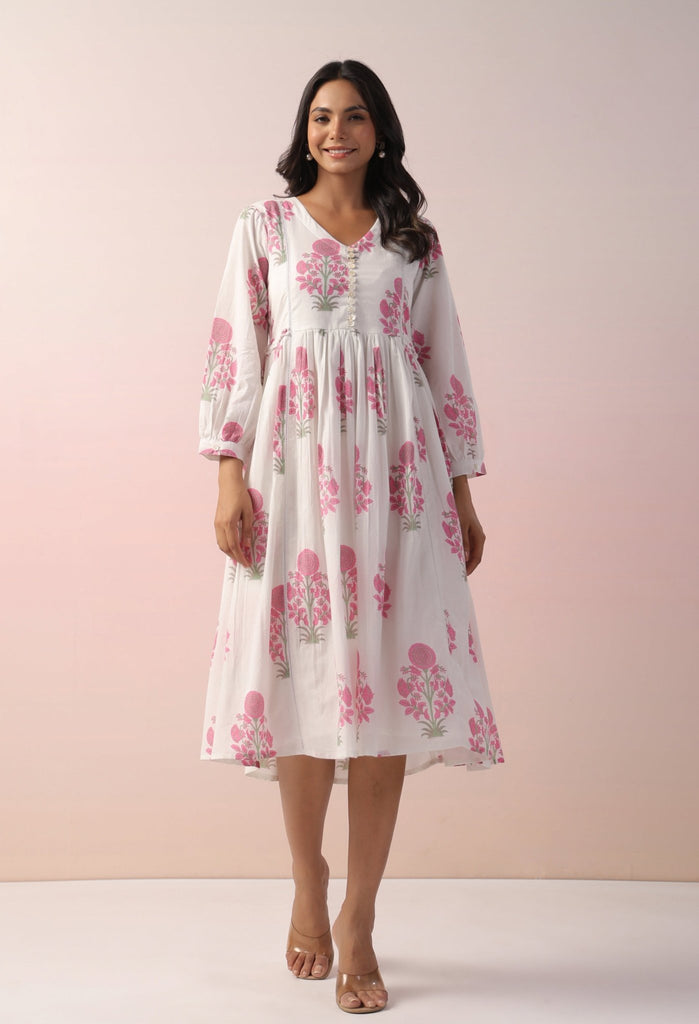 WHITE AND PINK FLORAL BUTA PRINTED TUNIC - Tara - C - Tara