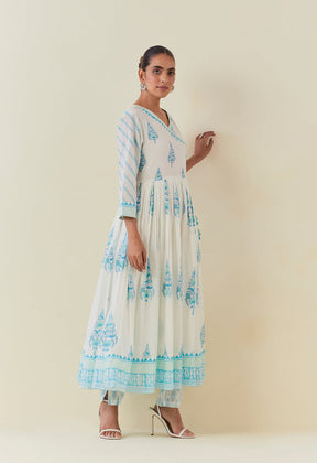 WHITE AND TURQUOISE HAND BLOCK PRINTED ANARKALI WITH DORIYA DUPATTA AND BOTTOMS - Tara - C - Tara