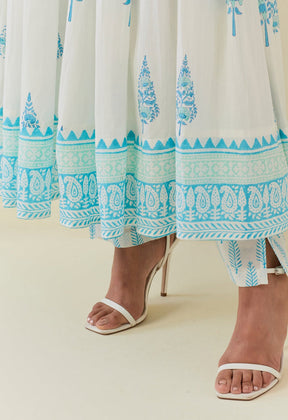 WHITE AND TURQUOISE HAND BLOCK PRINTED ANARKALI WITH DORIYA DUPATTA AND BOTTOMS - Tara - C - Tara