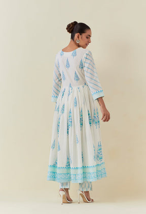 WHITE AND TURQUOISE HAND BLOCK PRINTED ANARKALI WITH DORIYA DUPATTA AND BOTTOMS - Tara - C - Tara