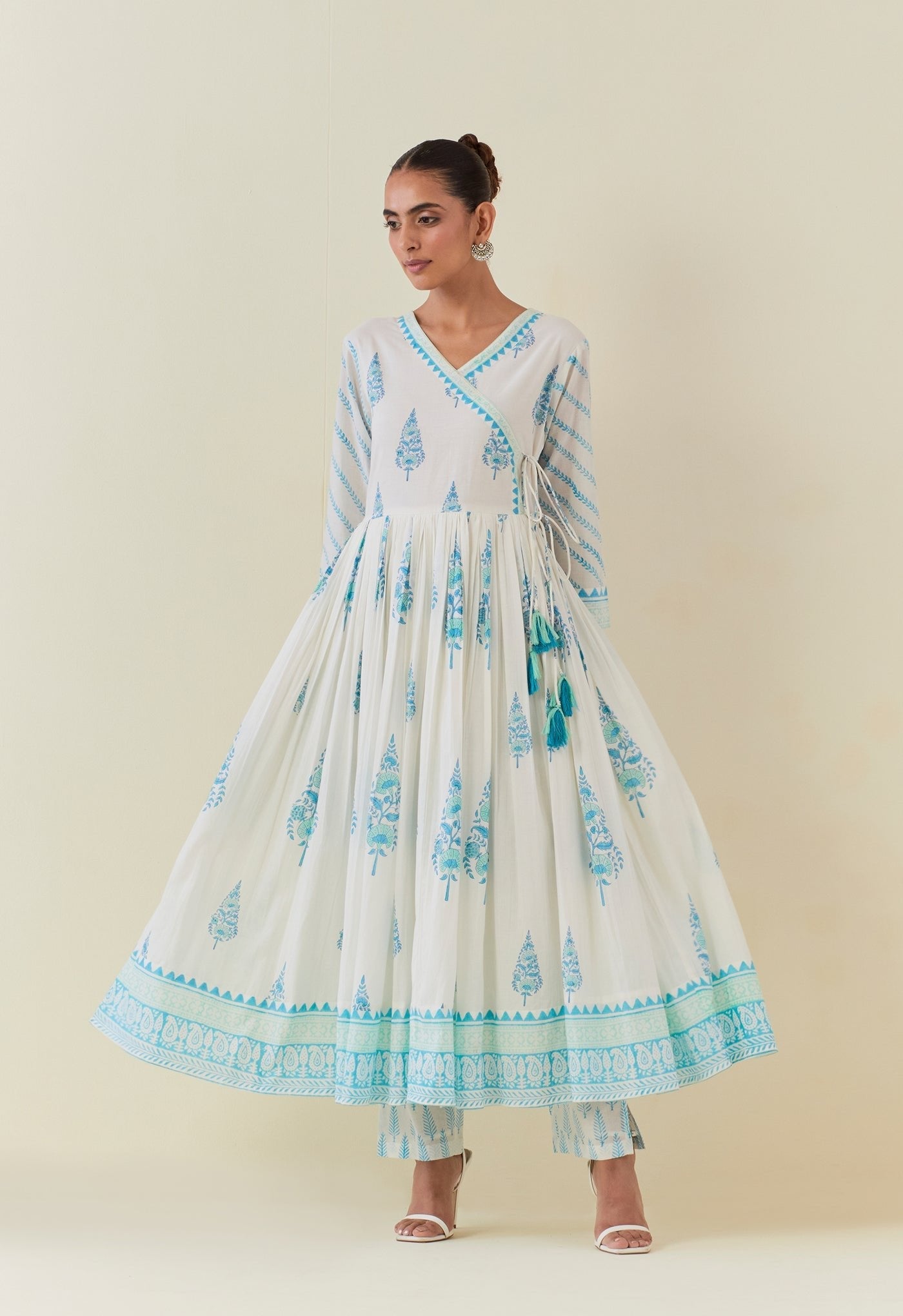 WHITE AND TURQUOISE HAND BLOCK PRINTED ANARKALI WITH DORIYA DUPATTA AND BOTTOMS - Tara - C - Tara