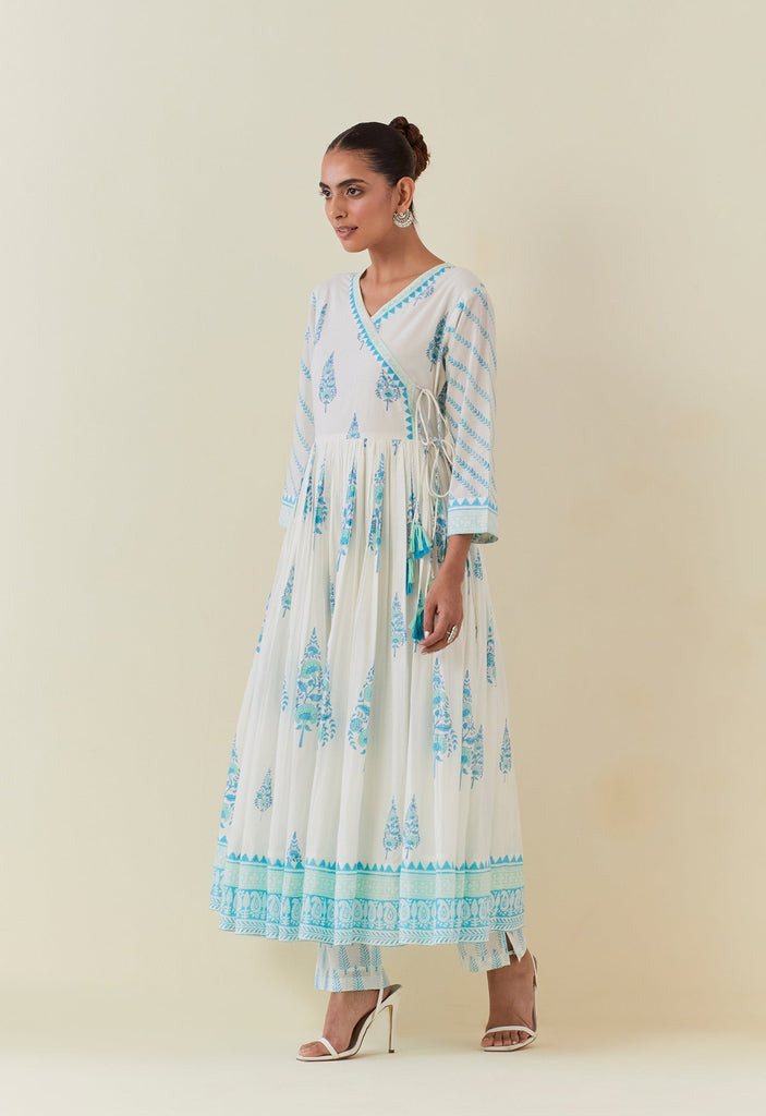 WHITE AND TURQUOISE HAND BLOCK PRINTED ANARKALI WITH DORIYA DUPATTA AND BOTTOMS - Tara - C - Tara