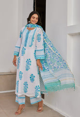 White Blue Floral Hand Block Printed kurta Set - Tara - C - Tara