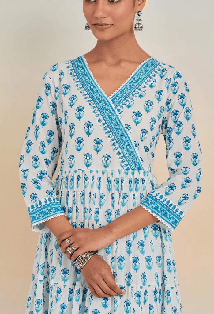 WHITE BLUE FLROAL PRINTED KURTA SET WITH DORIYA DUPATTA - Tara - C - Tara