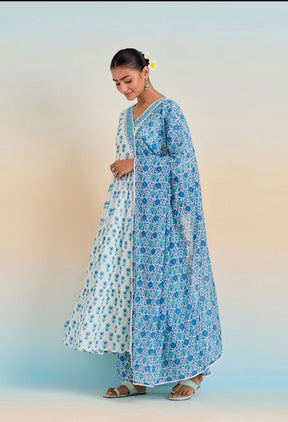 WHITE BLUE FLROAL PRINTED KURTA SET WITH DORIYA DUPATTA - Tara - C - Tara