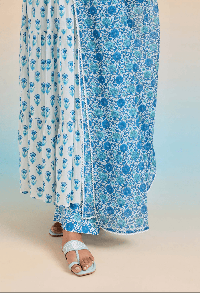 WHITE BLUE FLROAL PRINTED KURTA SET WITH DORIYA DUPATTA - Tara - C - Tara