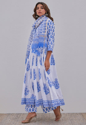 White Blue Hand Block Printed Anarkali kurta Set - Tara - C - Tara