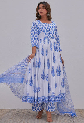 White Blue Hand Block Printed Anarkali kurta Set - Tara - C - Tara