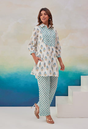 White Blue Hand Block Printed Co-ord set - Tara-C-Tara