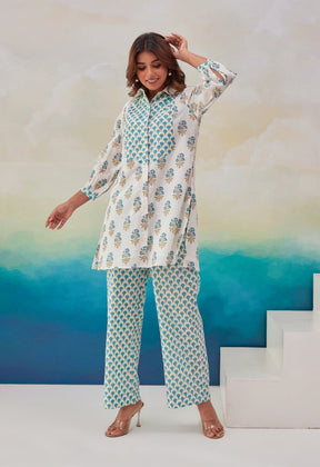 White Blue Hand Block Printed Co-ord set - Tara-C-Tara