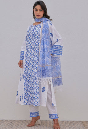 White Blue Hand Block Printed Kurta Set - Tara - C - Tara