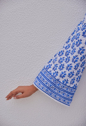 White Blue Hand Block Printed Kurta Set - Tara - C - Tara