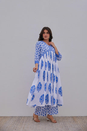 White Blue Hand Block Printed Kurta Set - Tara - C - Tara