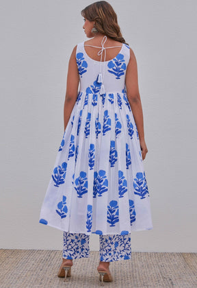 White Blue Hand Block Printed Kurta Set - Tara - C - Tara