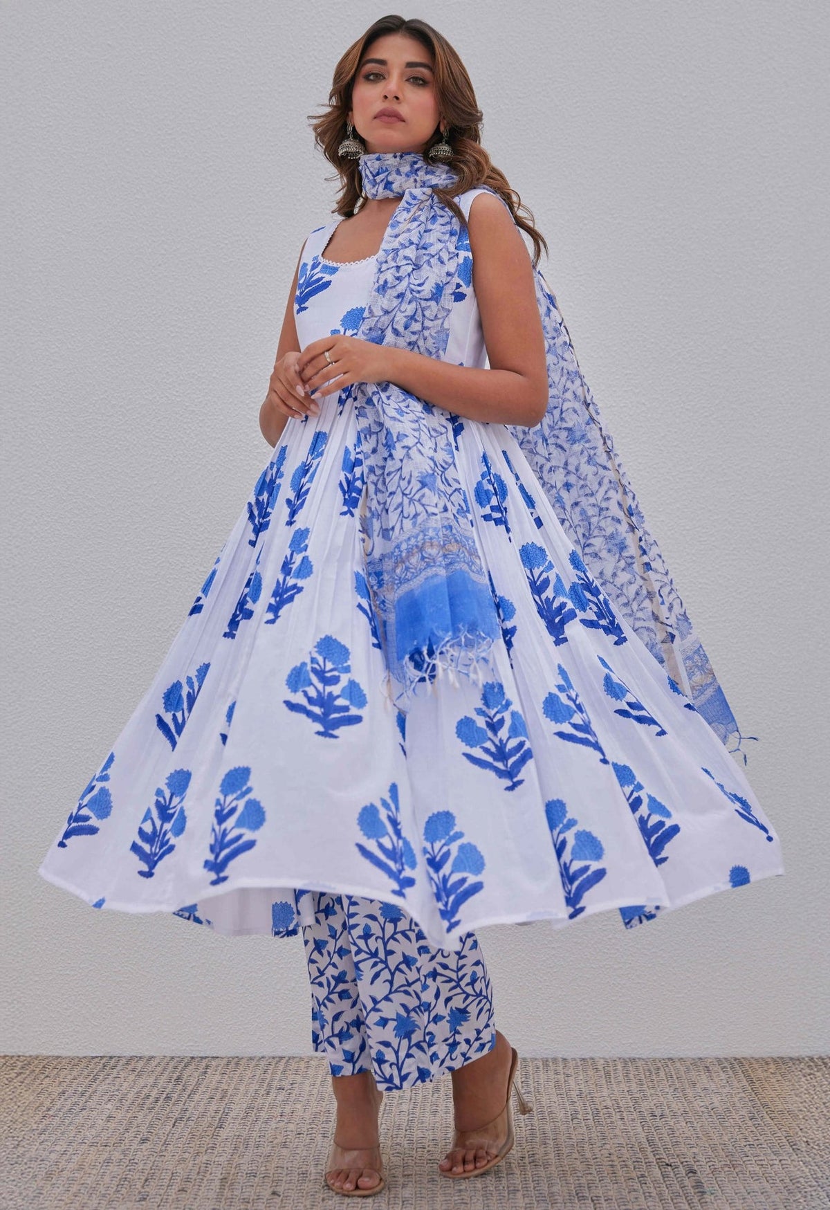 White Blue Hand Block Printed Kurta Set - Tara - C - Tara