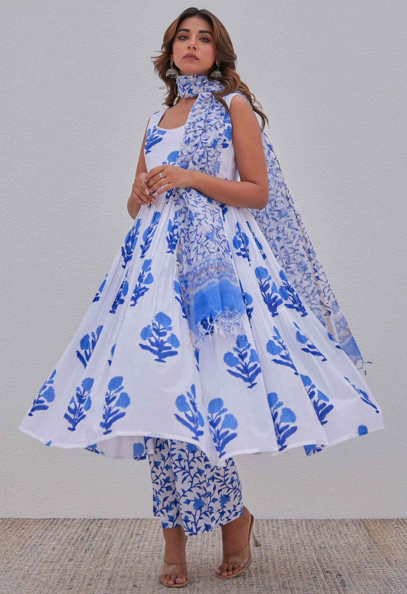 White Blue Hand Block Printed Kurta Set - Tara - C - Tara