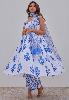 White Blue Hand Block Printed Kurta Set - Tara - C - Tara