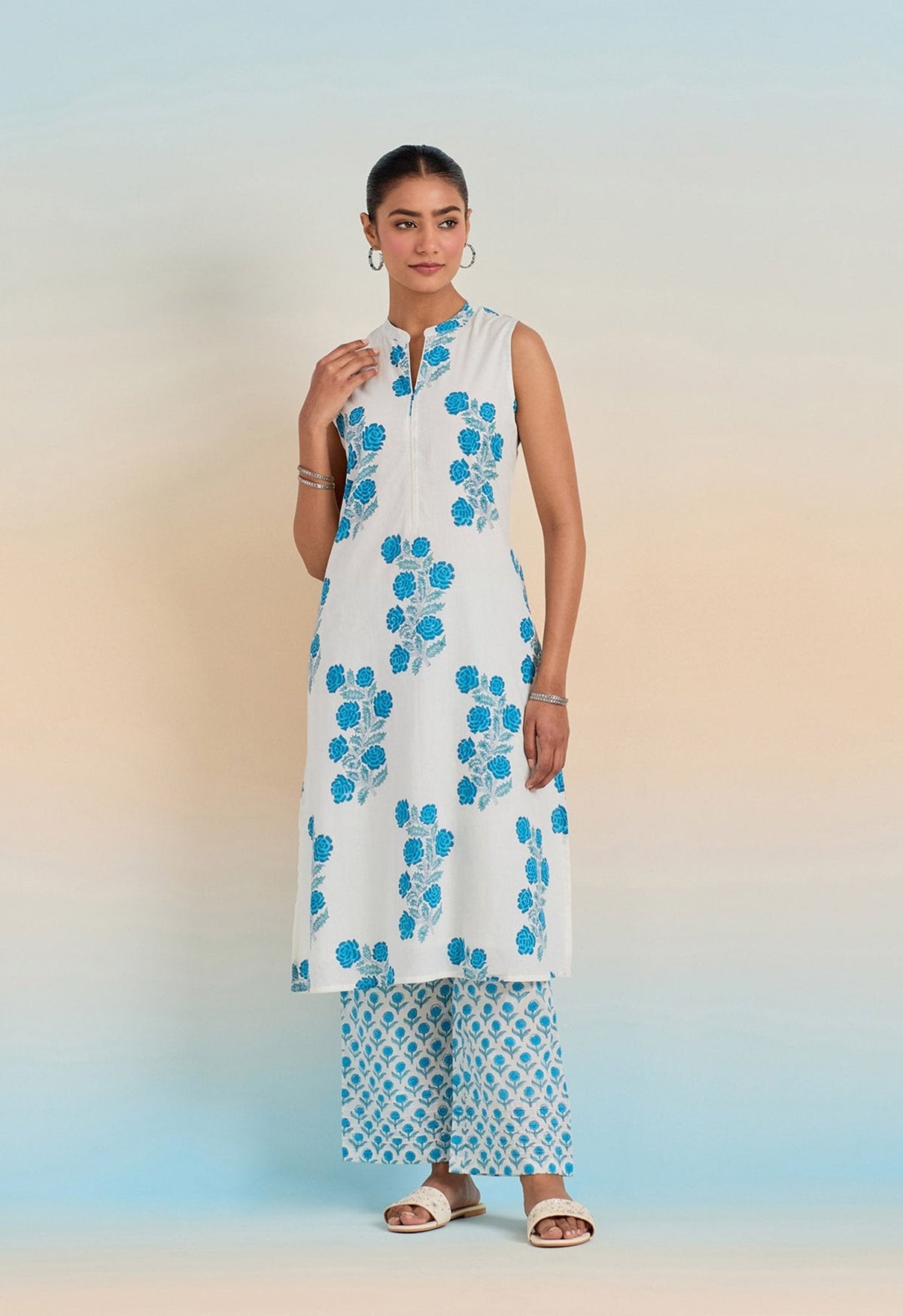 WHITE BLUE ROSE HAND BLOCK PRINTED COORD SET - Tara-C-Tara