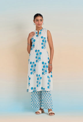 WHITE BLUE ROSE HAND BLOCK PRINTED COORD SET - Tara-C-Tara