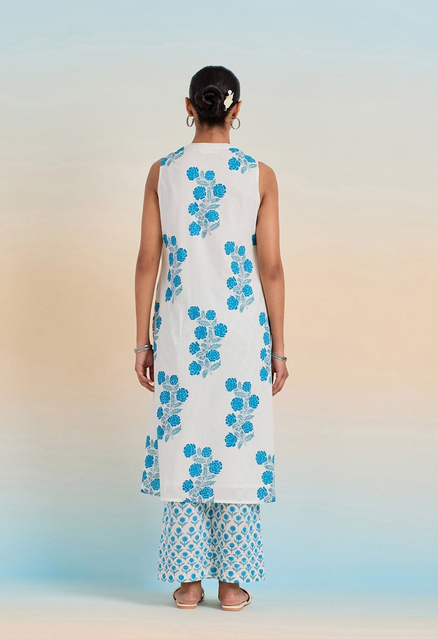 WHITE BLUE ROSE HAND BLOCK PRINTED COORD SET - Tara-C-Tara