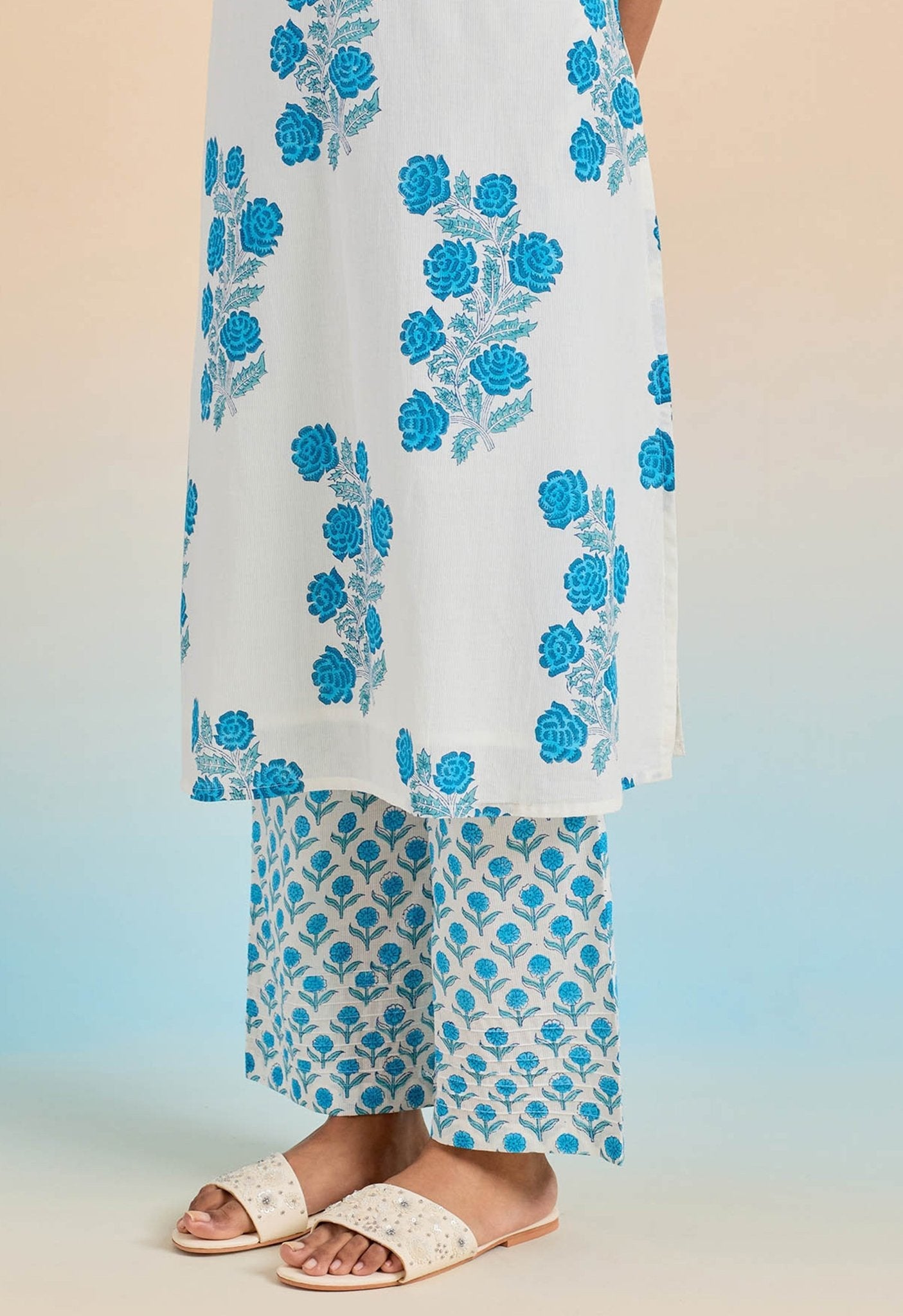 WHITE BLUE ROSE HAND BLOCK PRINTED COORD SET - Tara-C-Tara